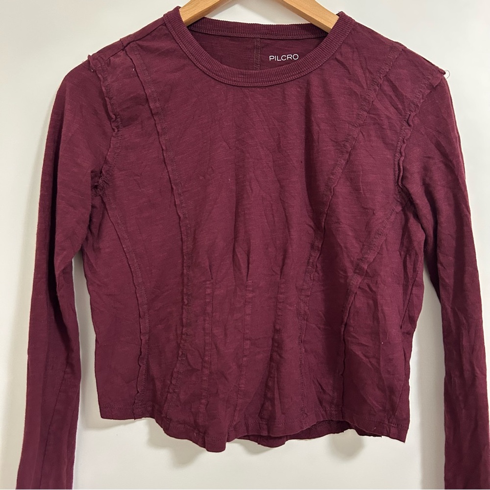Anthropologie Pilcro Burgundy Long Sleeve Textured Seam Tee Small Cotton Top